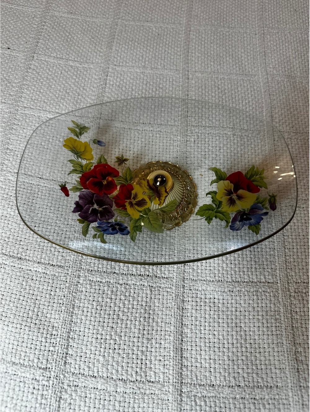 Vintage Glass Floral Pedestal Dish with Gold Base